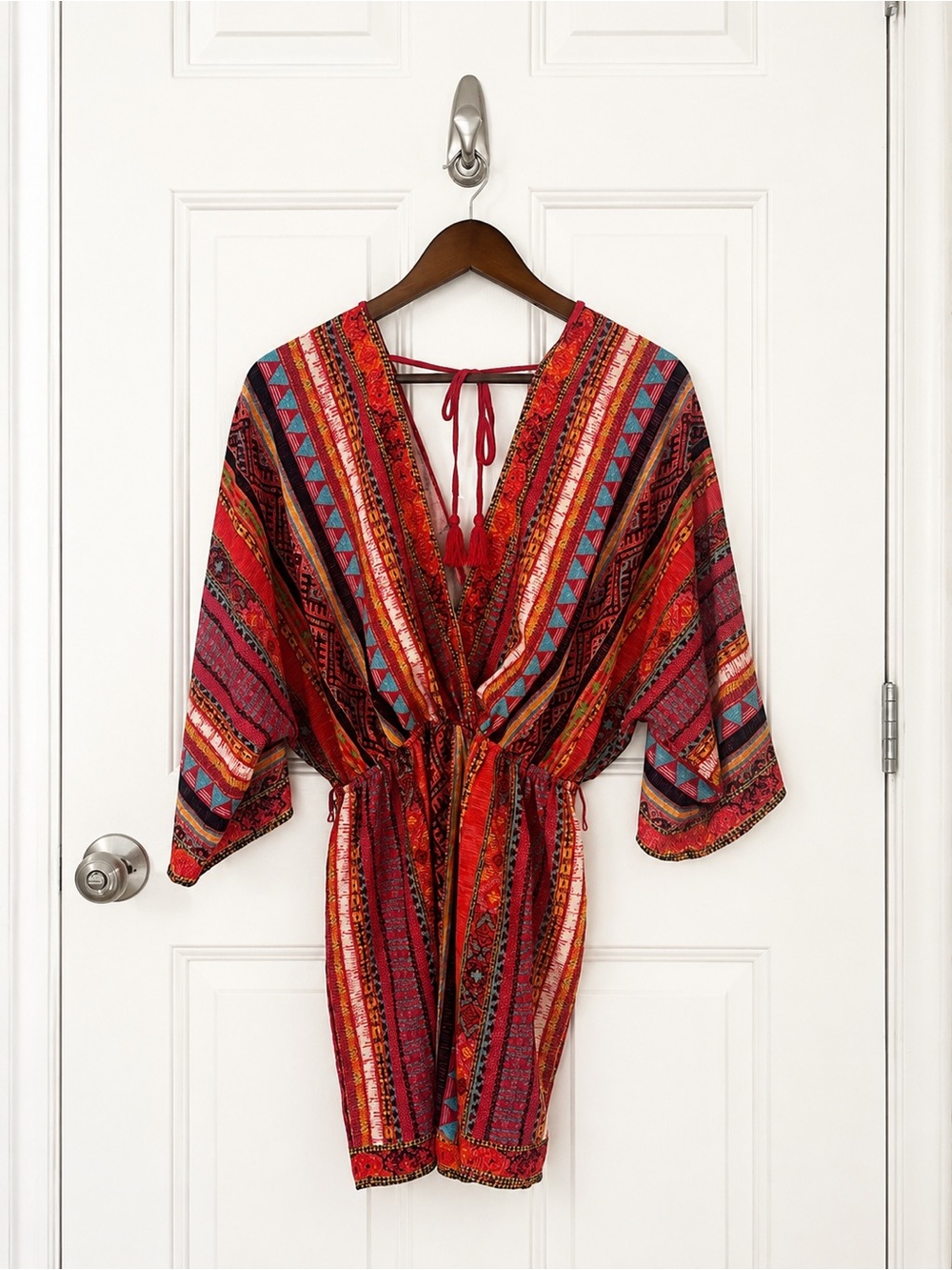 Flying Tomato Red Multi-Stripe Boho V-Neck Tie-Waist Romper